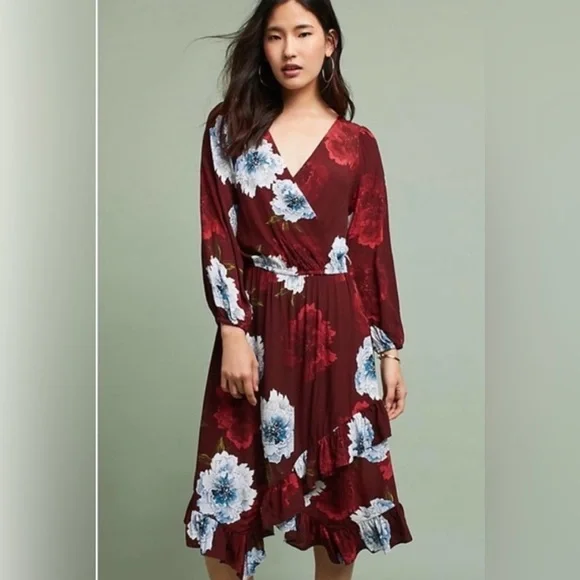 anthropologie red floral dress Anthropologie Let Me Be Dress Ruffle Maxi Tiered in Cream Red Floral